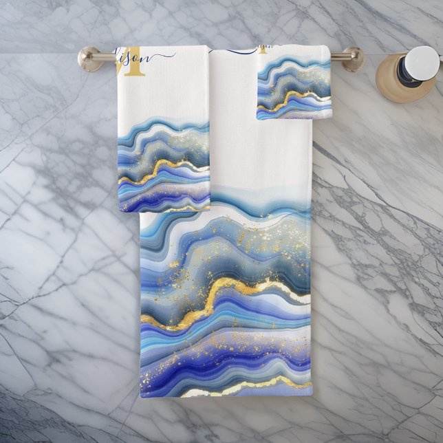 Blue Purple Gold Marble Personalised  Bath Towel Set (Creator Uploaded)