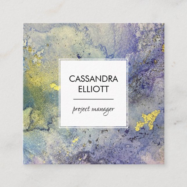 Blue Purple & Gold Marbled Abstract Liquid Art Square Business Card (Front)