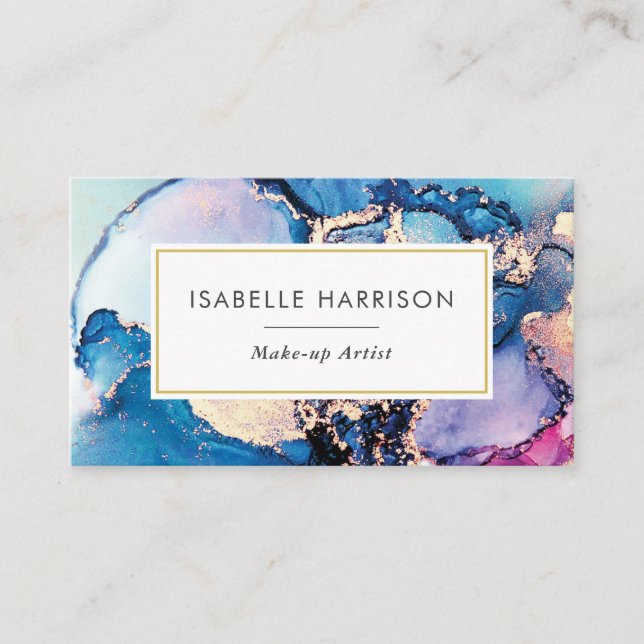 Blue purple gold watercolor ink business card (Front)
