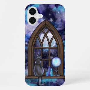 BLUE & PURPLE GOTHIC HALLOWEEN WINDOW & CAT iPhone 16 PLUS CASE