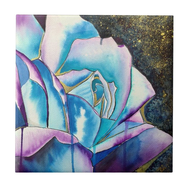Blue purple gothic watercolor rose art ceramic tile (Front)