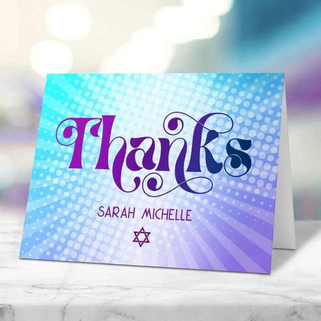 Blue Purple Gradient Bat Mitzvah Bold Retro Boho  Thank You Card (Creator Uploaded)