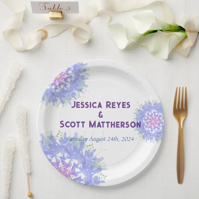 Blue & Purple Graphic Flowers Paper Plate (Wedding)