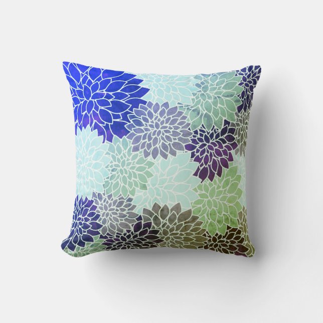 Blue Purple Green Dahlia Flowers Floral Pattern Cushion (Front)