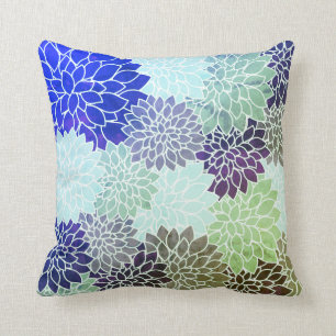 Blue Purple Green Dahlia Flowers Floral Pattern Cushion
