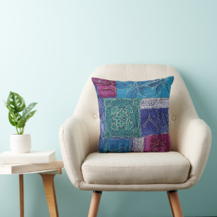 Blue Purple Green Patchwork Reversible Boho Cushion