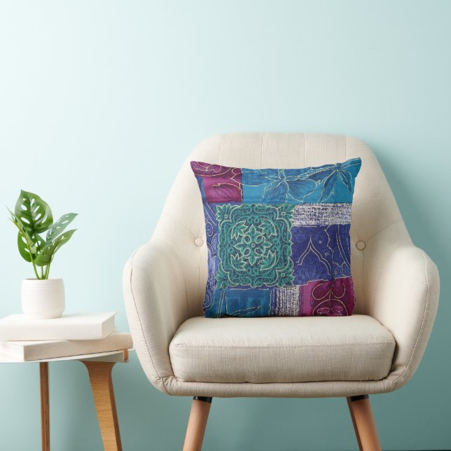 Blue Purple Green Patchwork Reversible Boho Cushion (Chair)