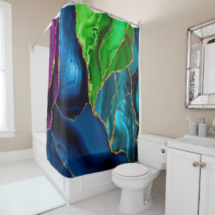 Blue, Purple & Green Peacock Agate Faux glitter Shower Curtain
