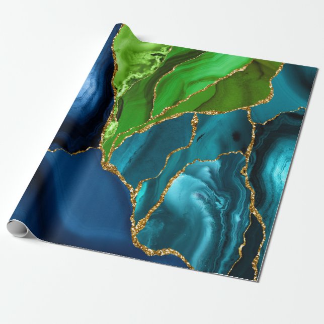 Blue, Purple & Green Peacock Agate Faux glitter Wrapping Paper (Unrolled)