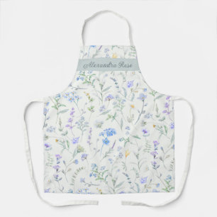 Blue Purple Green Watercolor Wildflowers Name Apron