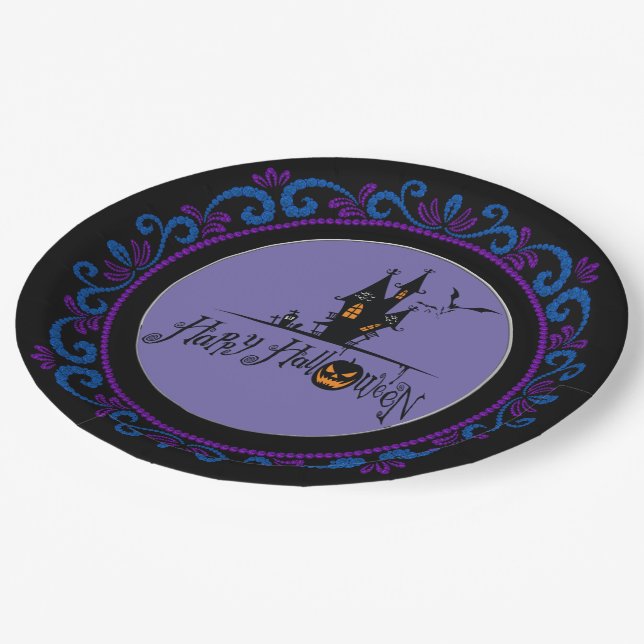 Blue Purple Happy Halloween Haunted House Paper Plate (Angled)