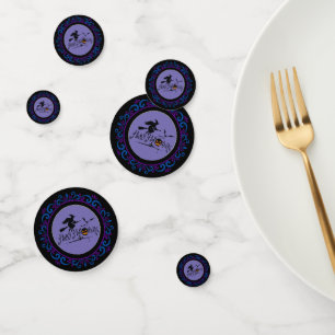 Blue Purple Happy Halloween Witch And Bats Confetti
