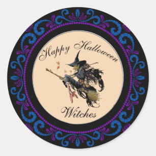 Blue Purple Happy Halloween Witches Classic Round Sticker