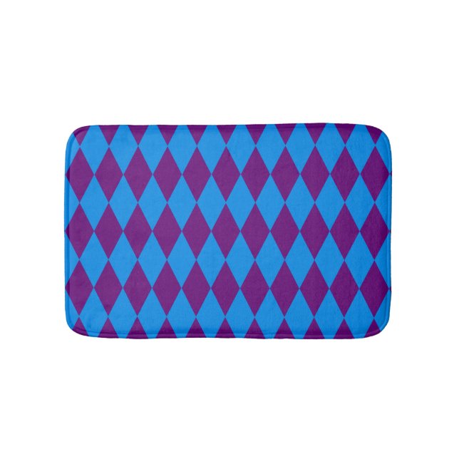 Blue Purple Harlequin Checkered Design  Bath Mat (Front)