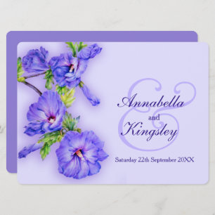 Blue purple hibiscus flower wedding invitation