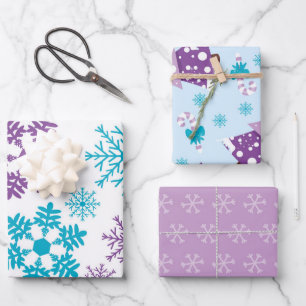 BLUE PURPLE HOLIDAY SNOWFLAKES TREES WRAPPING PAPER SHEET