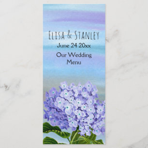 Blue, purple hydrangea flower wedding menu card