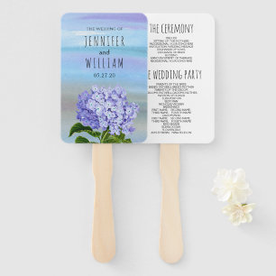Blue, purple hydrangea flower wedding program hand fan