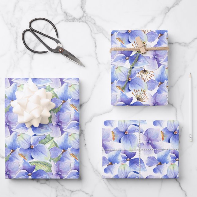 Blue Purple Hydrangea Flowers Spring Bridal Shower Wrapping Paper Sheet (Front)