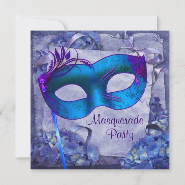 Blue Purple Hydrangea Masquerade Party Invitations (Front)