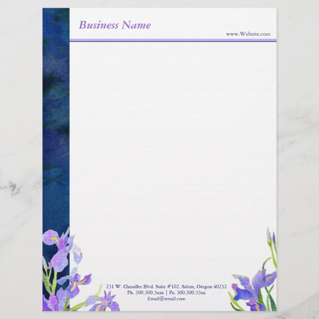 Blue Purple Iris Floral Business Customised Letterhead (Front)