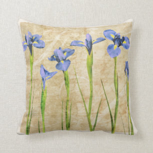 Blue Purple Iris Flowers Brown Background Floral Cushion
