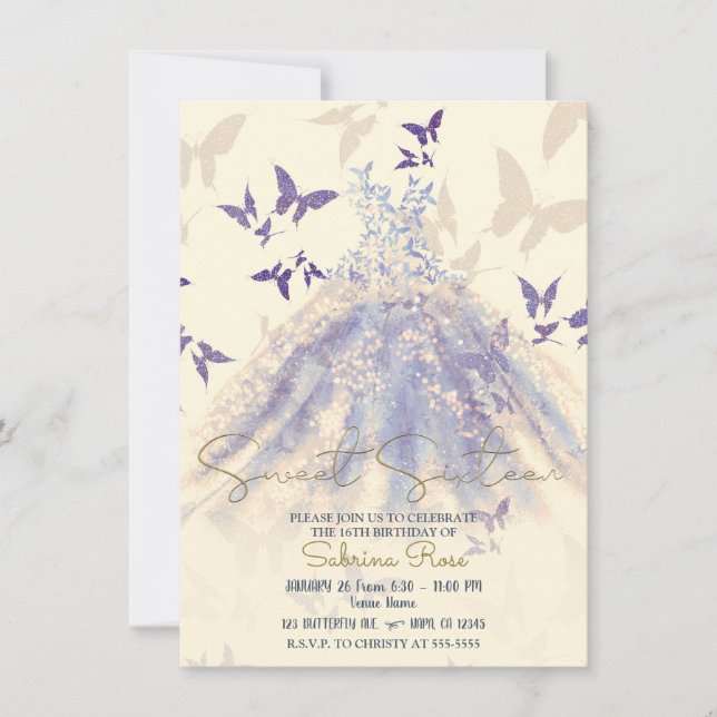 Blue Purple Ivory Butterfly Dance Dress Sweet 16 Invitation (Front)