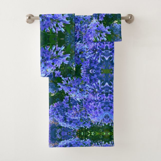 Blue purple lilacs romantic blue floral photo bath towel set (Insitu)