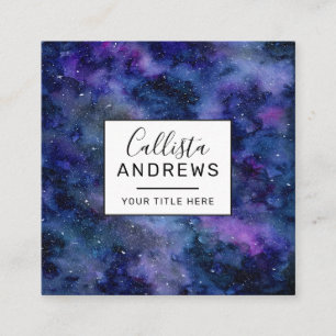 Blue Purple Majestic Starry Nebula Watercolor Square Business Card