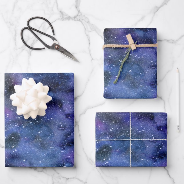 Blue Purple Majestic Starry Nebula Watercolor Wrapping Paper Sheet (Front)