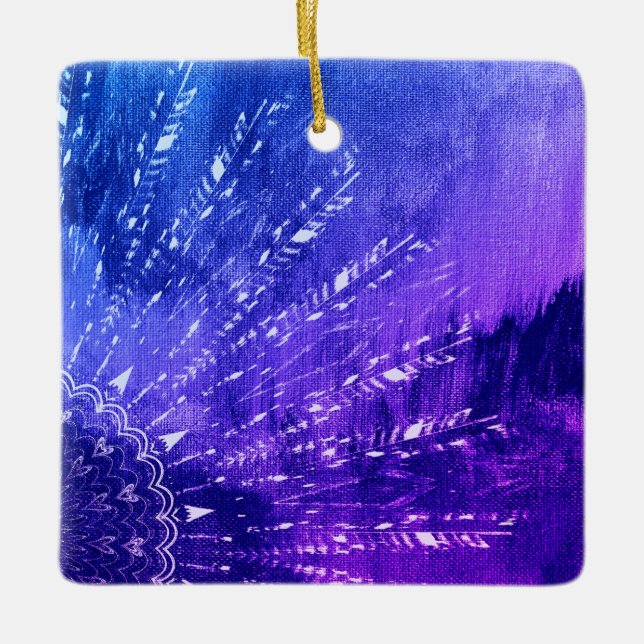 Blue Purple Mandala Clouds Boho Bohemian Ceramic Ornament (Front)