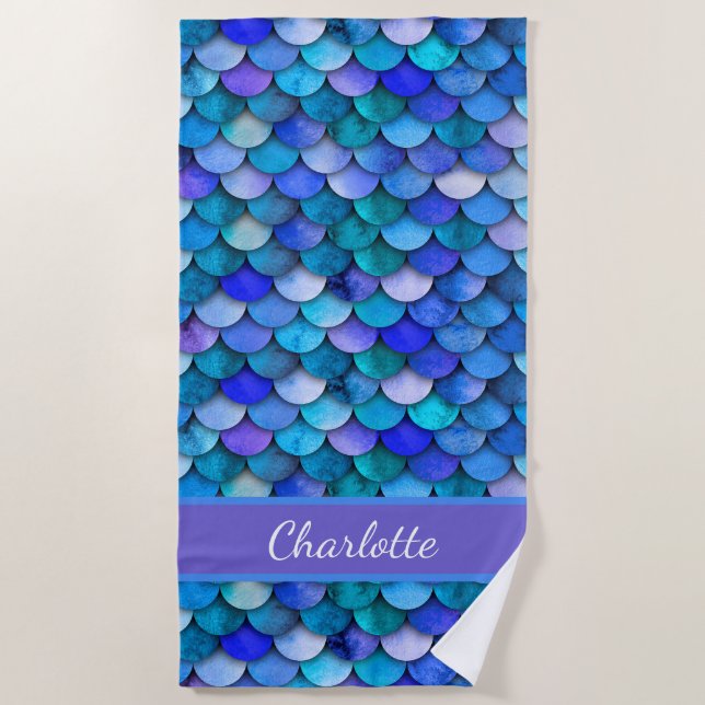 Blue purple mermaid scale pattern monogram name beach towel (Front)