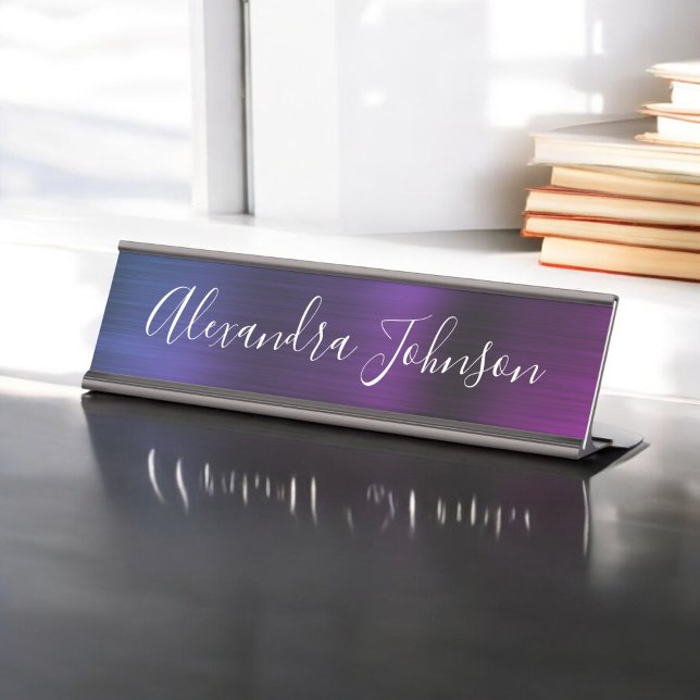 Blue Purple Metallic Foil Modern Elegant Business Desk Name Plate (Creator Uploaded)