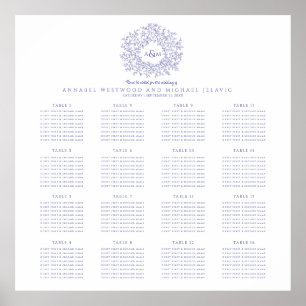 Blue purple monogram 16 table wedding chart