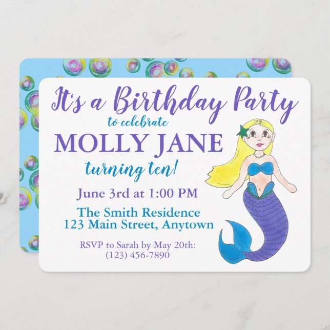 Blue Purple Ocean Mermaid Bubbles Birthday Party Invitation (Front/Back)