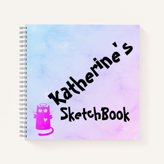 Blue Purple Ombre Funny Angel Cat Sketchbook Notebook (Front)