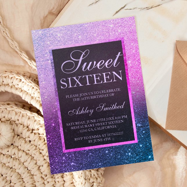 Blue purple ombre glitter elegant chic Sweet 16 Invitation (Creator Uploaded)