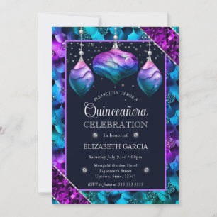 Blue & Purple Ombre Mermaid Ornaments Quinceanera Invitation
