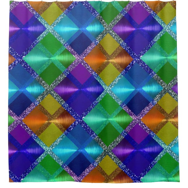 Blue Purple Orange Green Glitter Plaid Design Shower Curtain (Front)