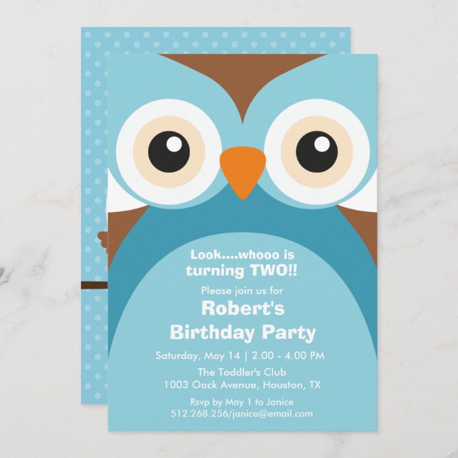 Blue Purple Owl Birthday Party Invitation (Front/Back)