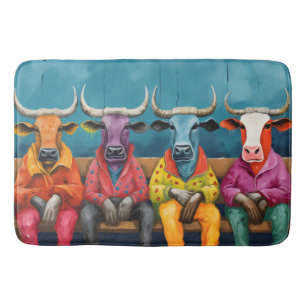 Blue Purple Ox Cow Farm Dressed up Bath Mat