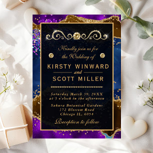 Blue & Purple Peacock Agate & gold glitter Wedding Invitation