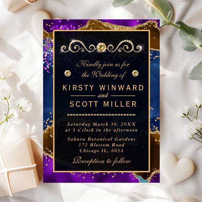 Blue & Purple Peacock Agate & gold glitter Wedding Invitation (Creator Uploaded)