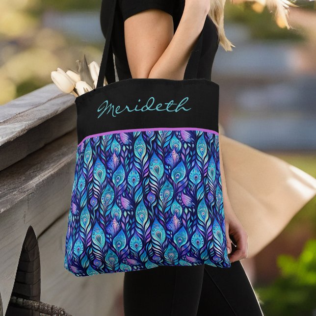 Blue Purple Peacock Feathers on Black Monogram Tote Bag (Creator Uploaded)