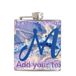 blue purple pink glitter marble add your text lett hip flask