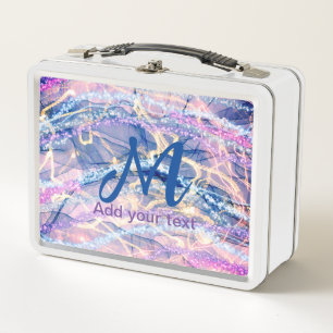 blue purple pink glitter marble add your text lett metal lunch box