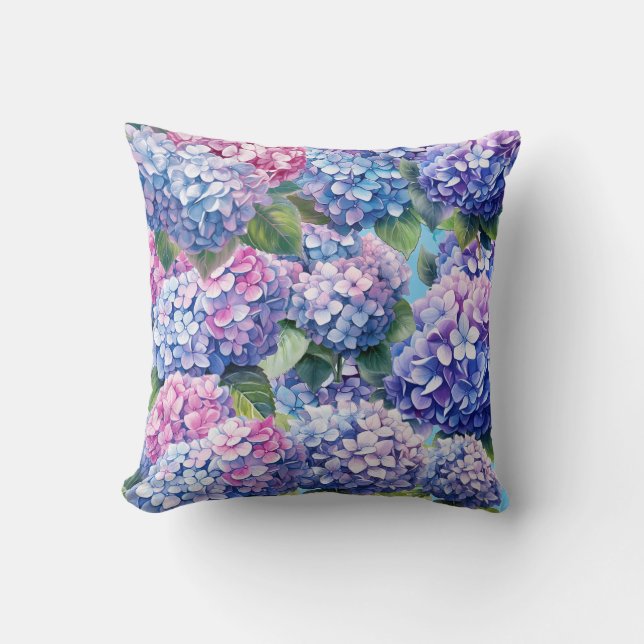 Blue Purple Pink Hydrangea Pattern Cushion (Front)