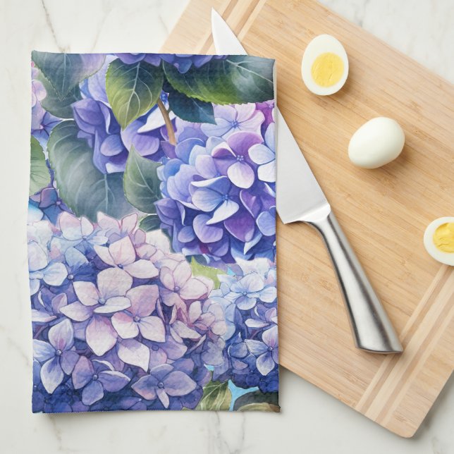 Blue Purple Pink Hydrangea Pattern Kitchen Towel (Quarter Fold)