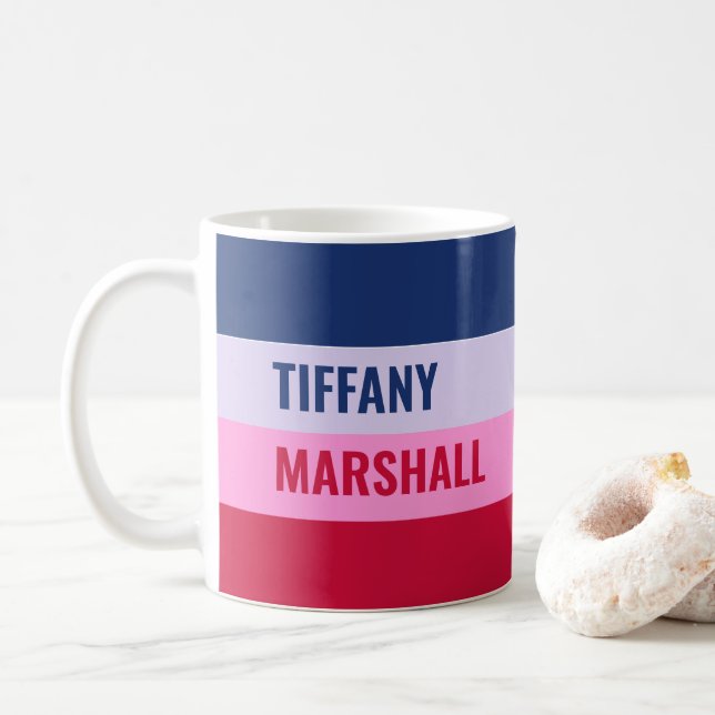 Blue Purple Pink Red Stripes Pattern Personalised Coffee Mug (With Donut)