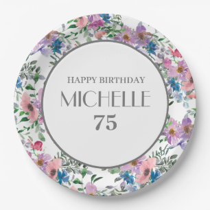 Blue Purple Pink Watercolor Floral 75th Birthday Paper Plate